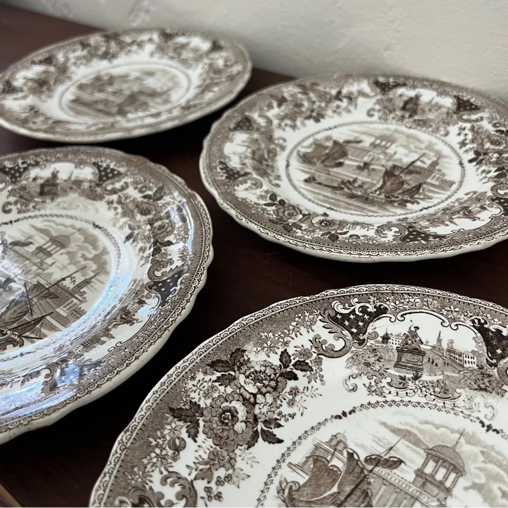 Set 4 Antique English Transferware Gondola Boat Brown White Scallop Plates 1830s